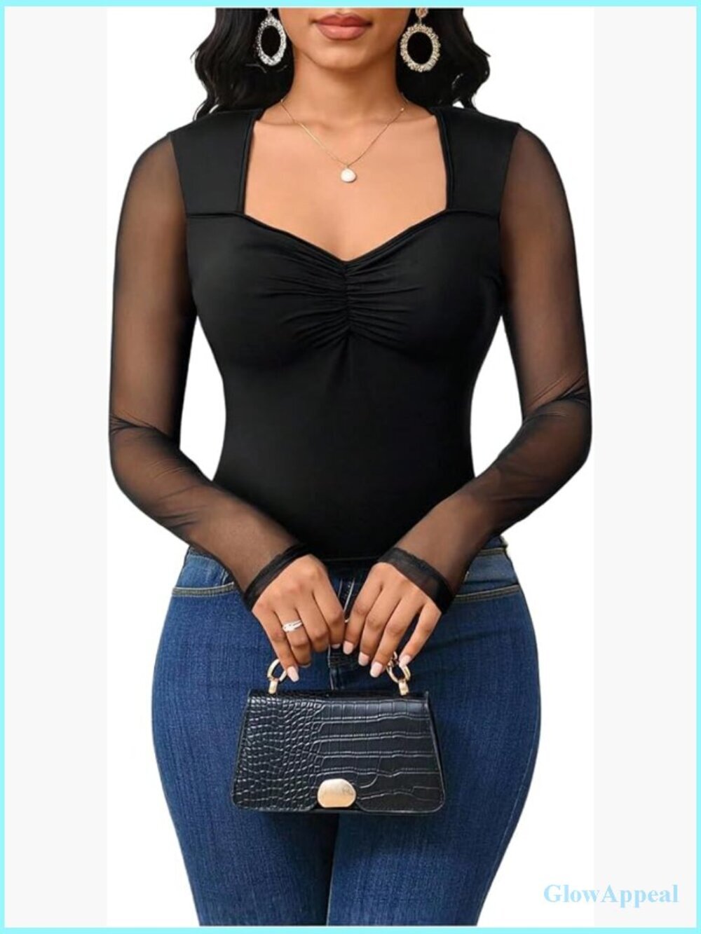Sweetheart Neckline Mesh Sheer Long Sleeve Top Fitted T Shirt
